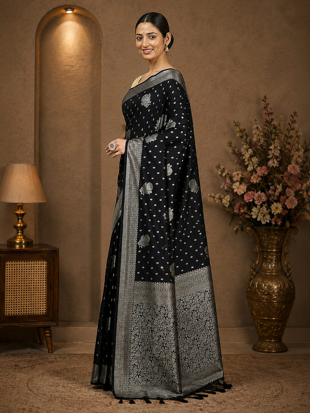 Black Woven Design Dola Silk Saree