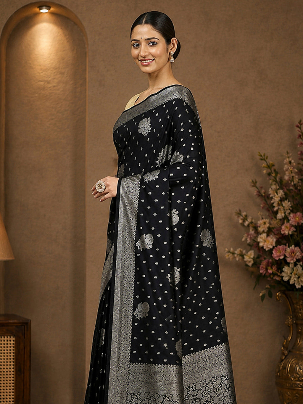Black Woven Design Dola Silk Saree