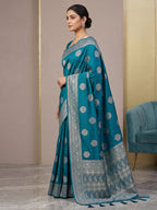 Peacock Blue Woven Design Dola Silk Saree