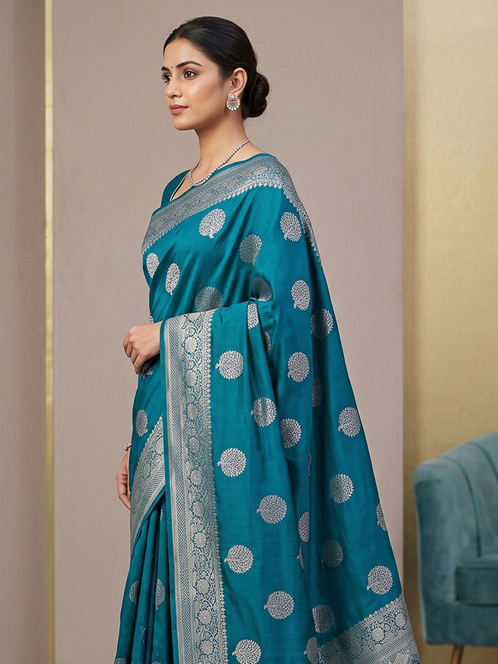 Peacock Blue Woven Design Dola Silk Saree