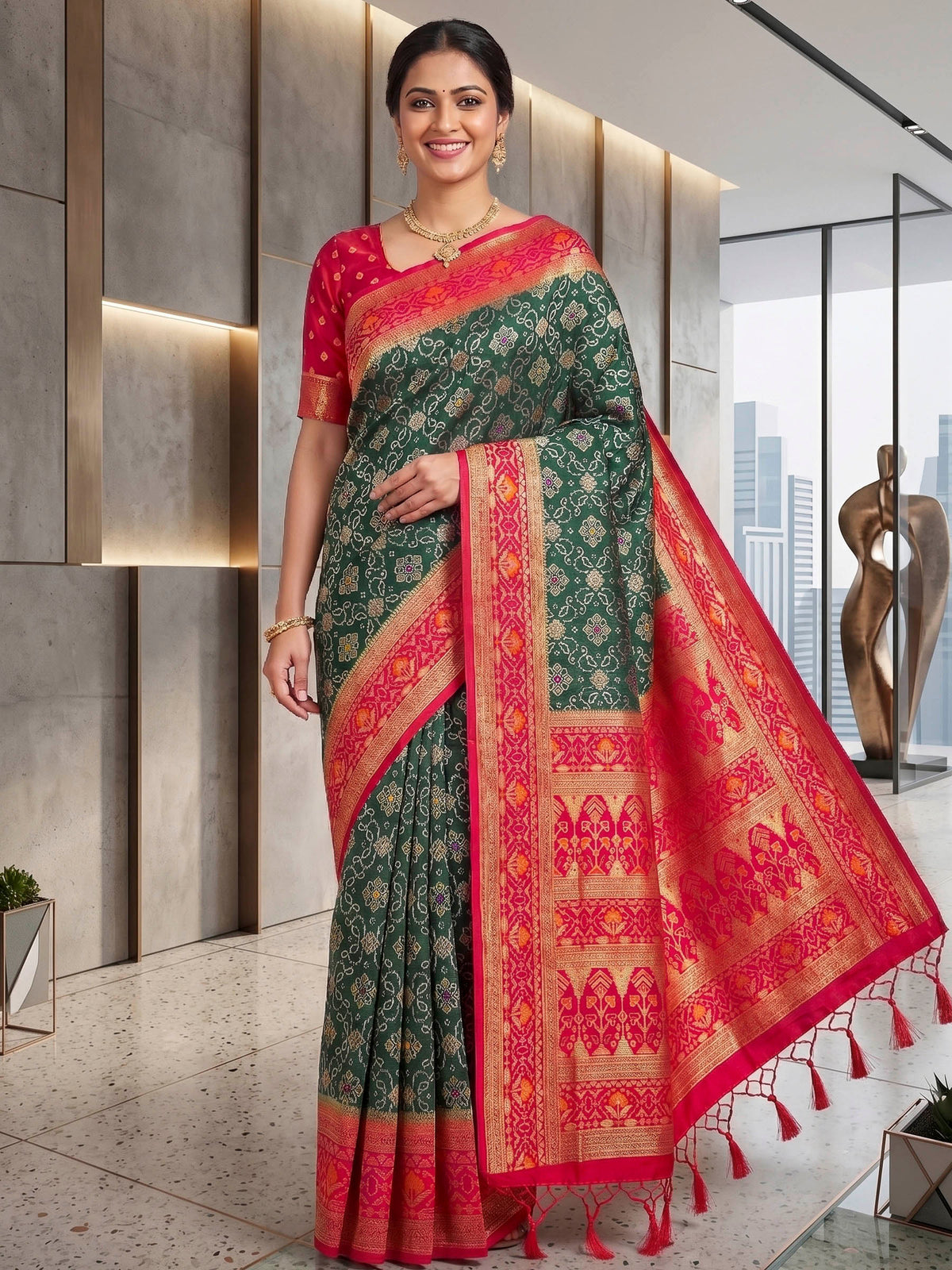 Bottle Green Woven Design Art Silk Kanjivaram Saree