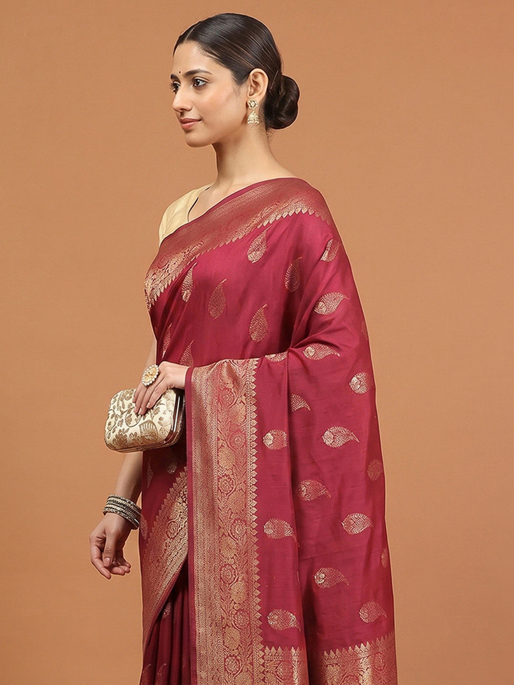 Maroon Woven Design Dola Silk Saree