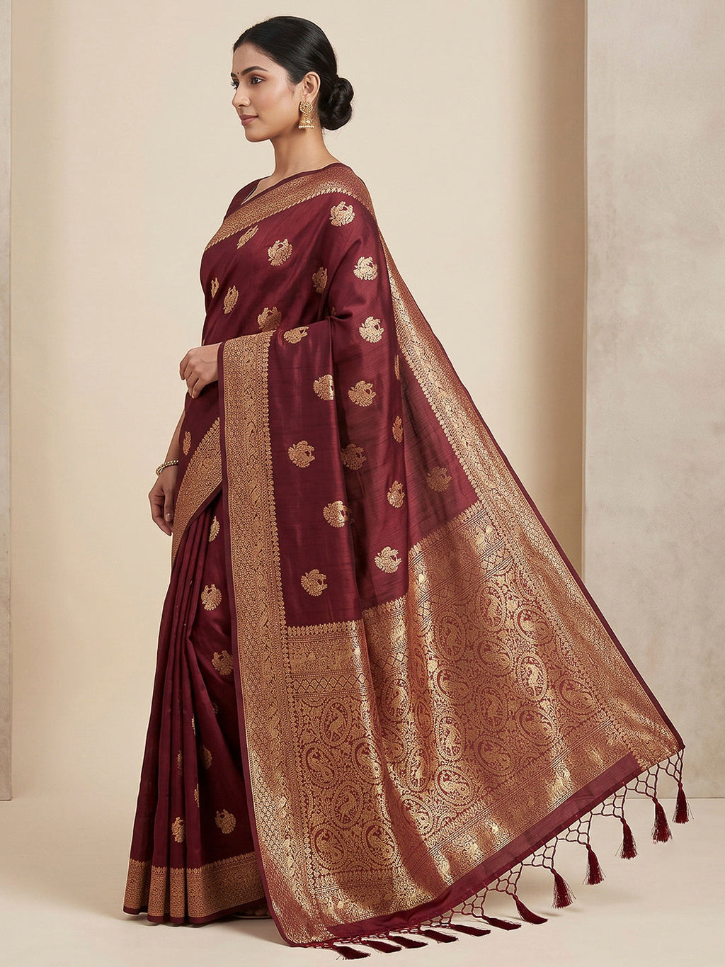 Maroon Woven Design Dola Silk Saree