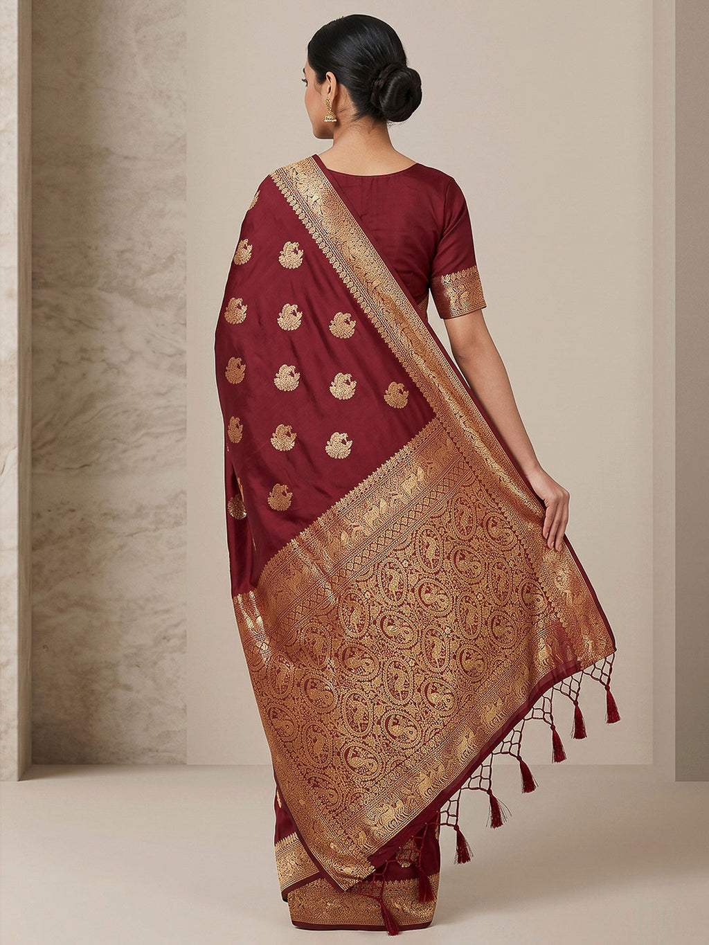 Maroon Woven Design Dola Silk Saree