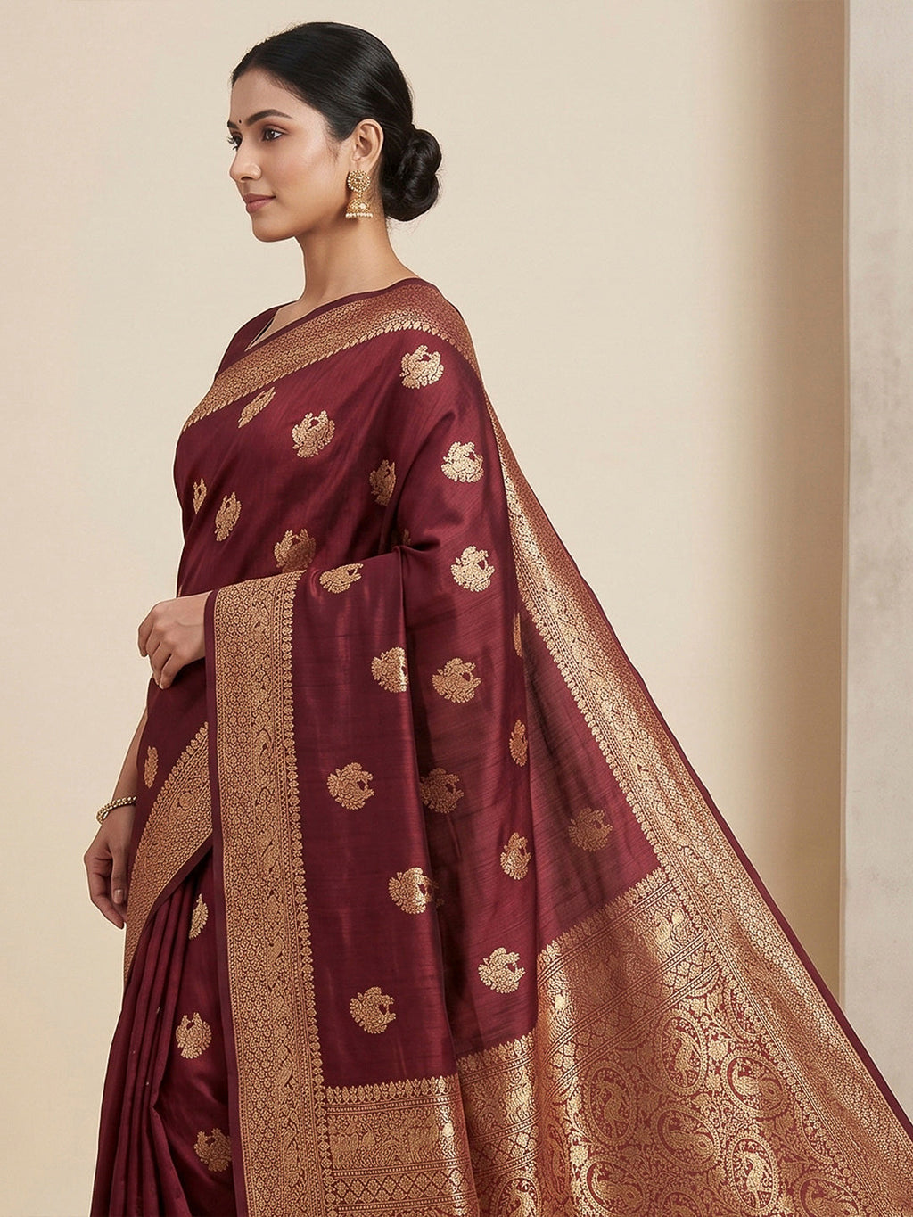 Maroon Woven Design Dola Silk Saree