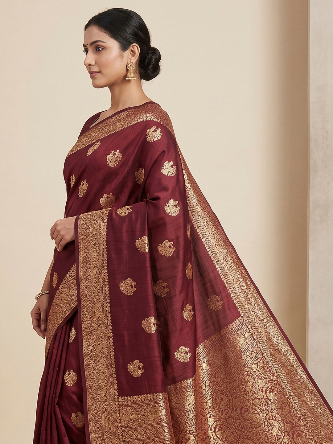 Maroon Woven Design Dola Silk Saree