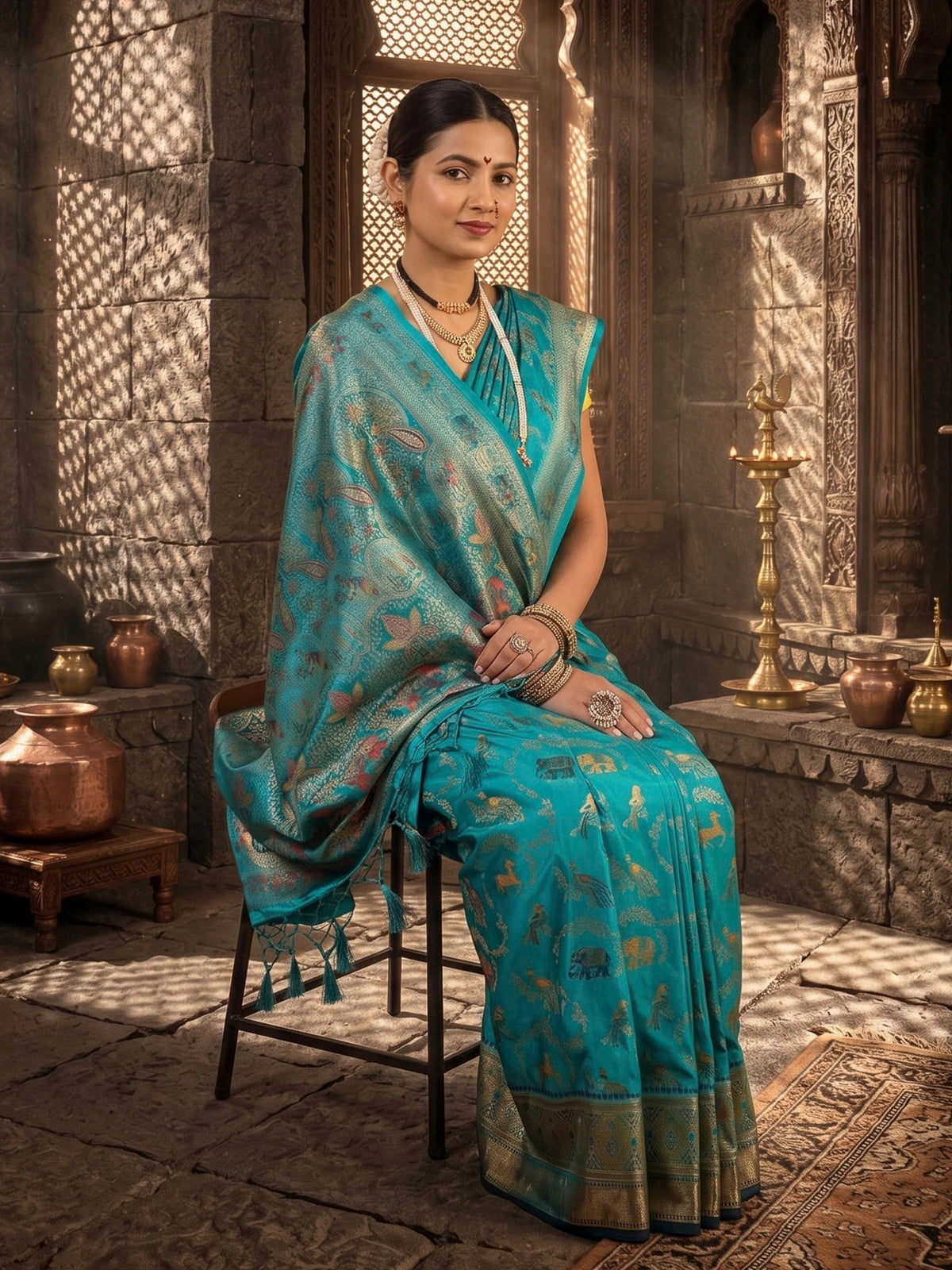 Dark Blue Woven Design Satin Saree