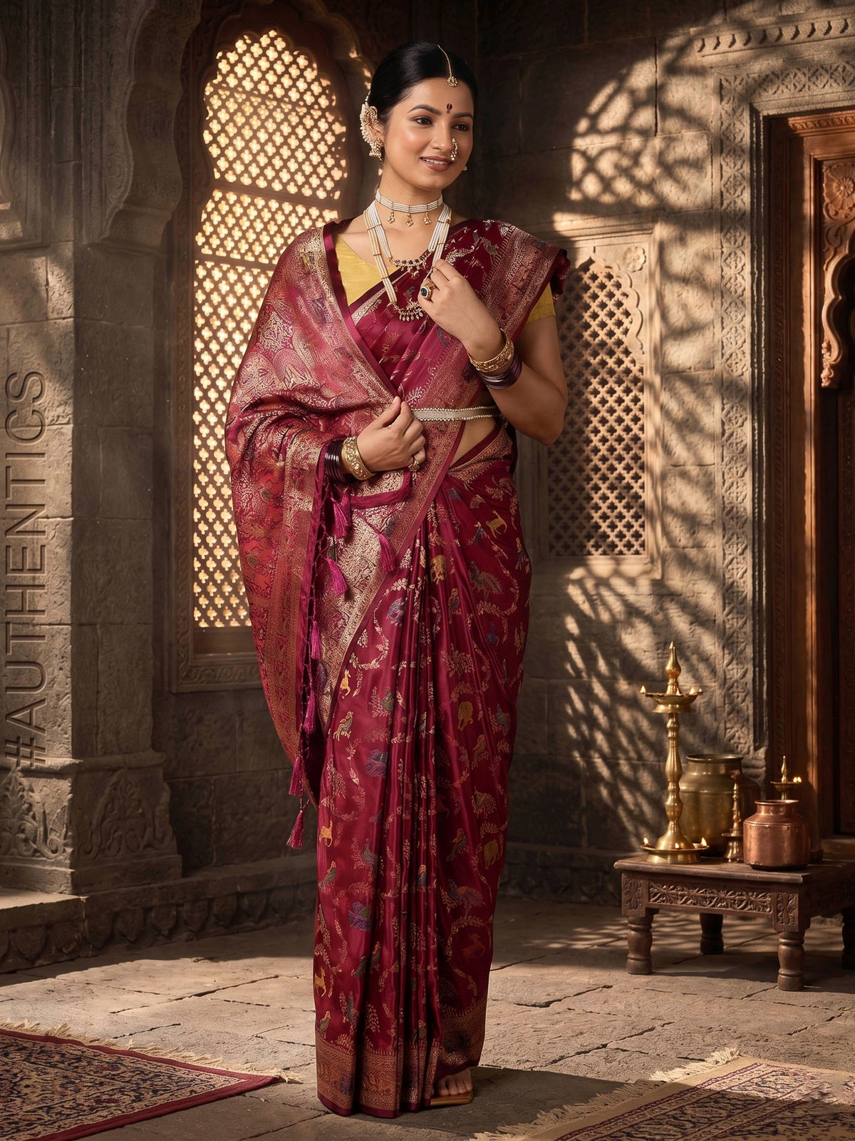 Maroon Woven Design Satin Saree