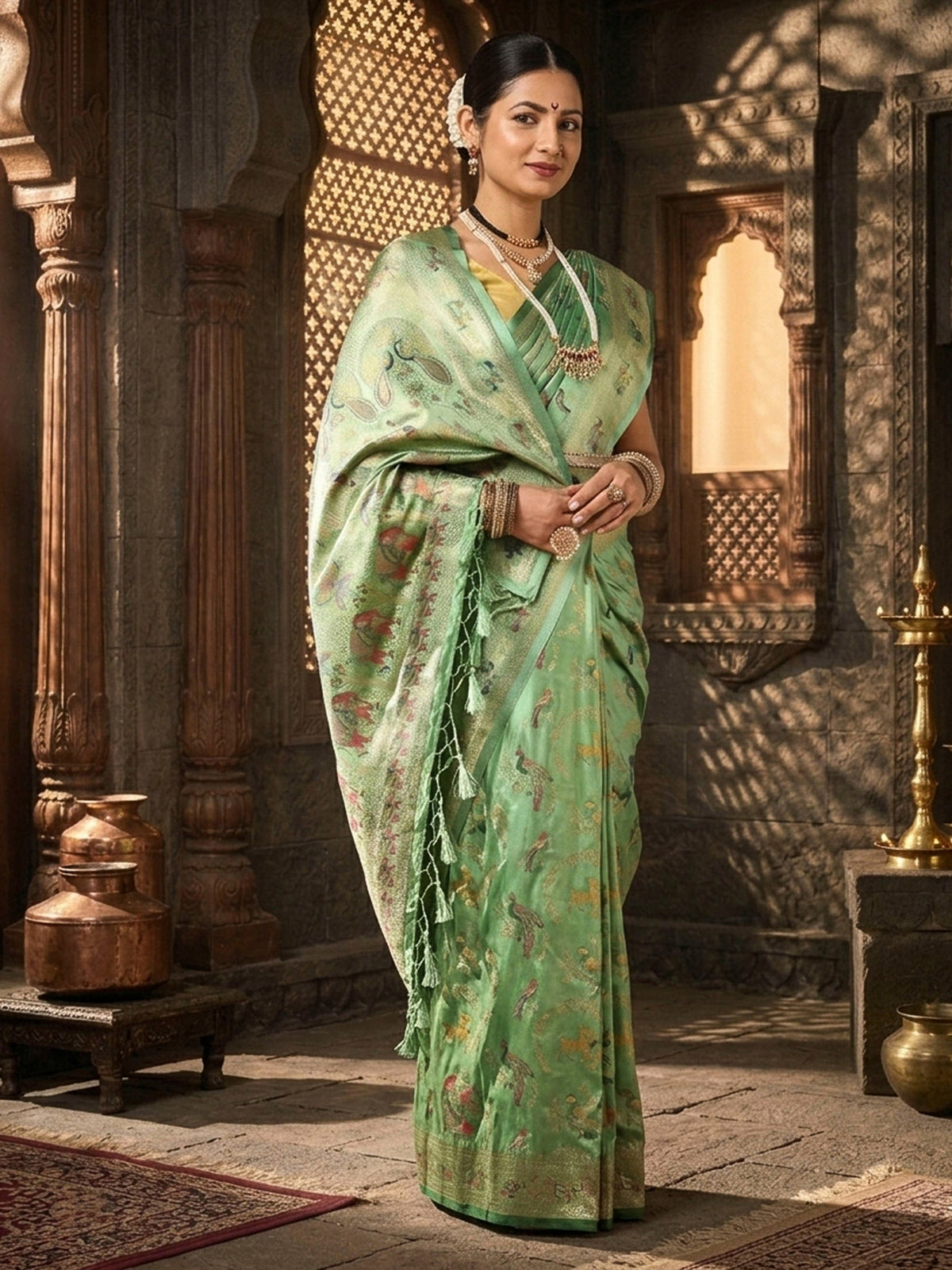 Pista Woven Design Satin Saree