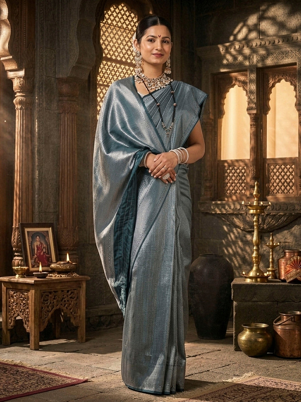 Dark Grey Woven Design Kanjivaram Brocade Saree