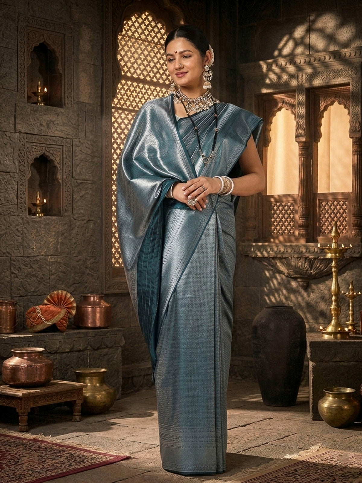 Dark Grey Woven Design Kanjivaram Brocade Saree