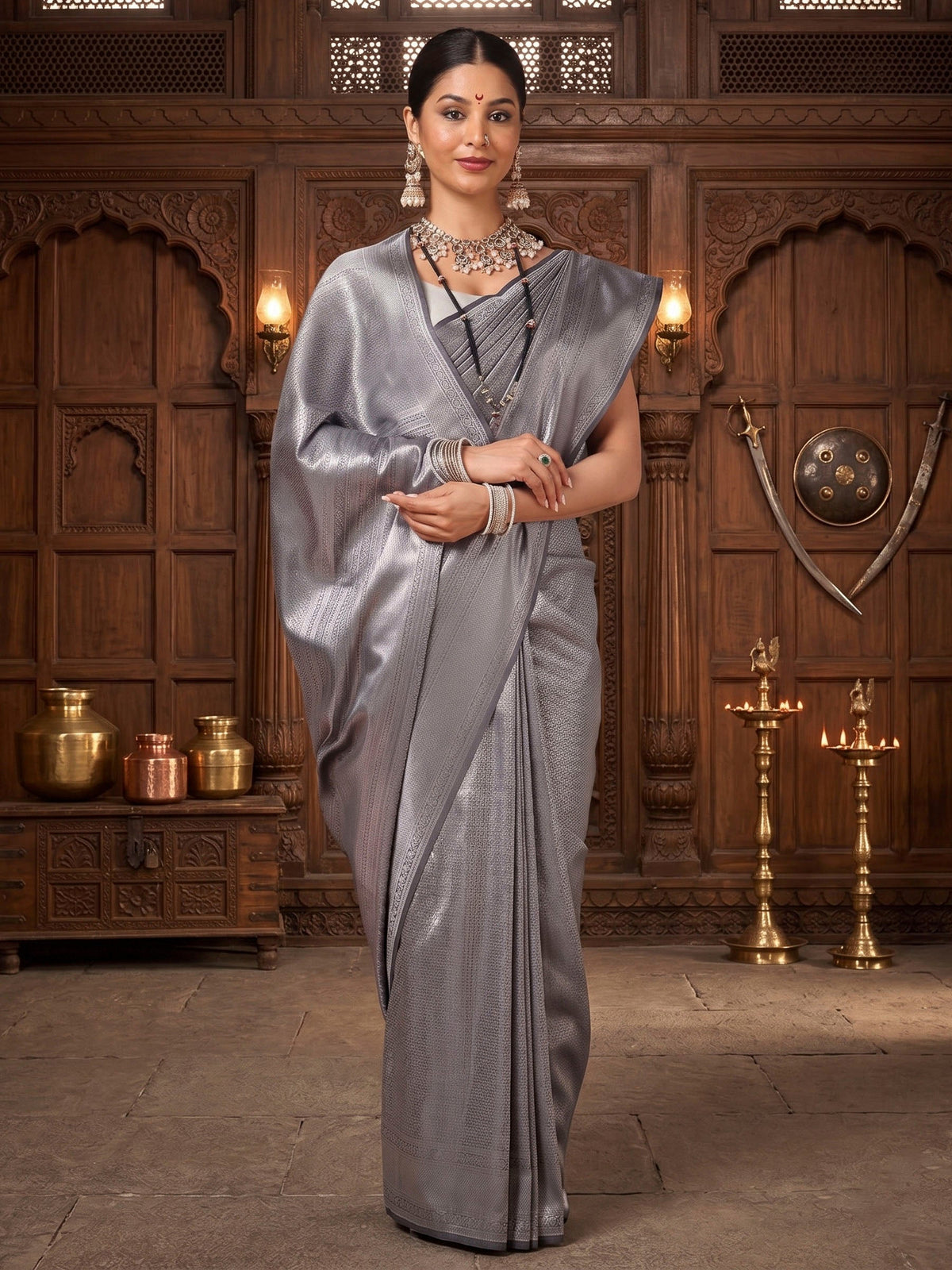 Grey Woven Design Kanjivaram Brocade Saree