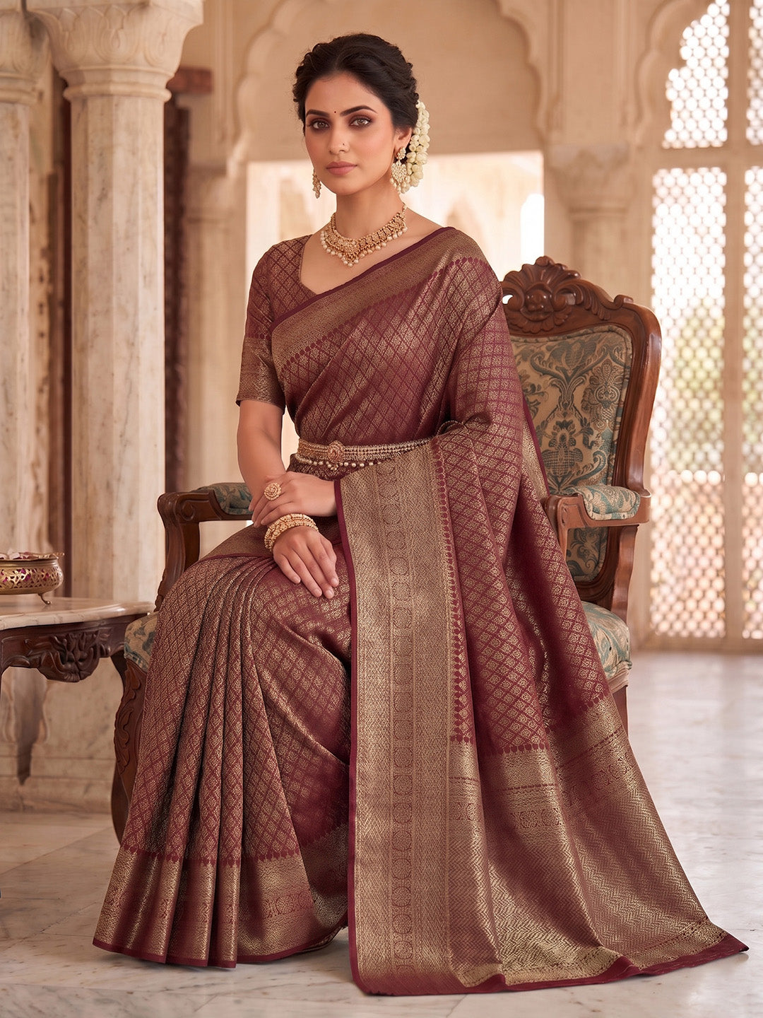 Maroon Woven Design Art Silk Kanjivaram Saree