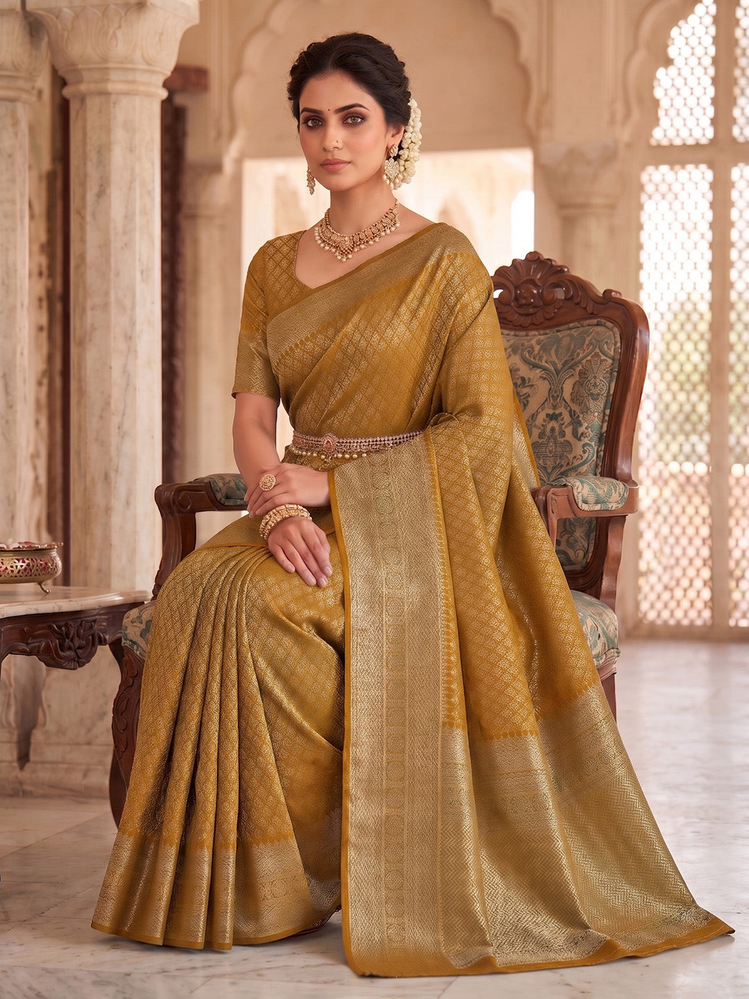 Mustard Woven Design Art Silk Kanjivaram Saree