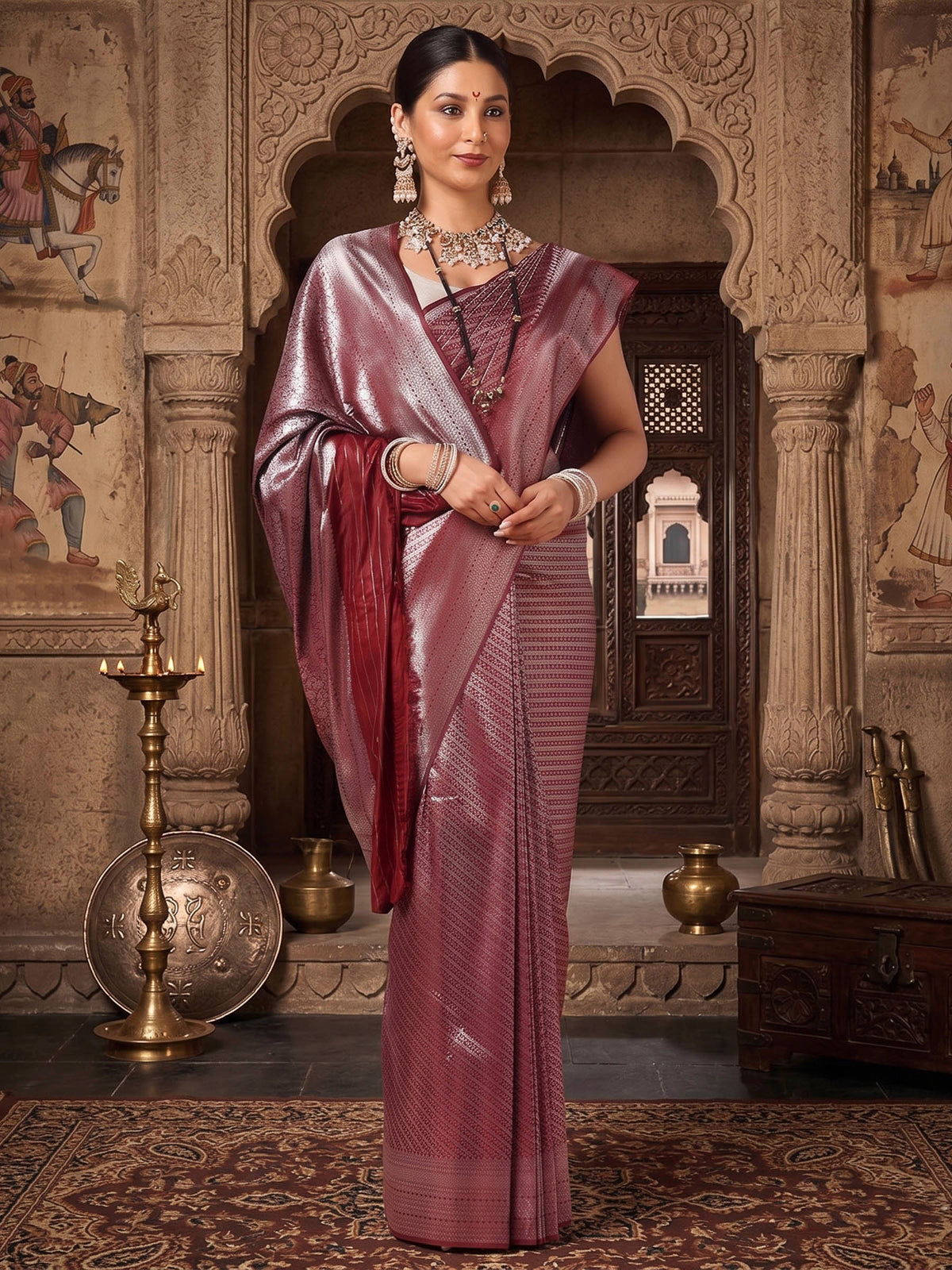 Wine Woven Design Kanjivaram Brocade Saree