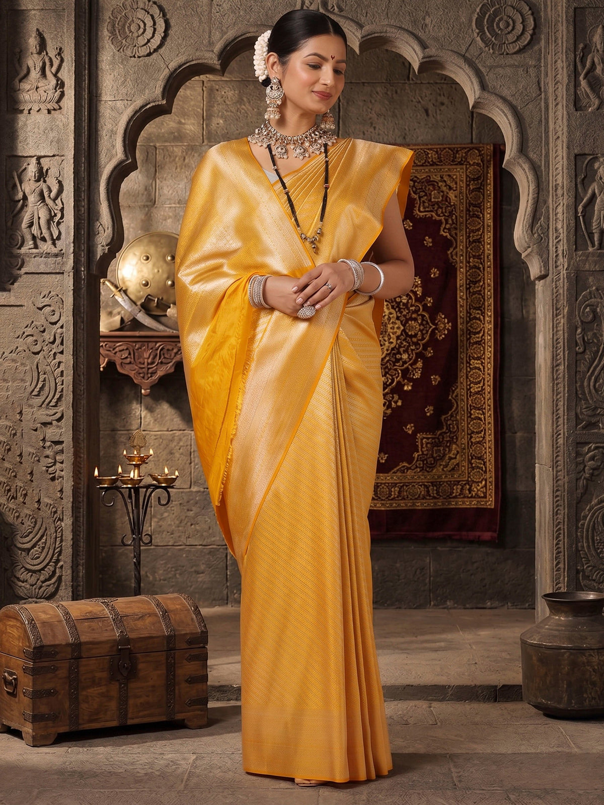 Mustard Woven Design Kanjivaram Brocade Saree