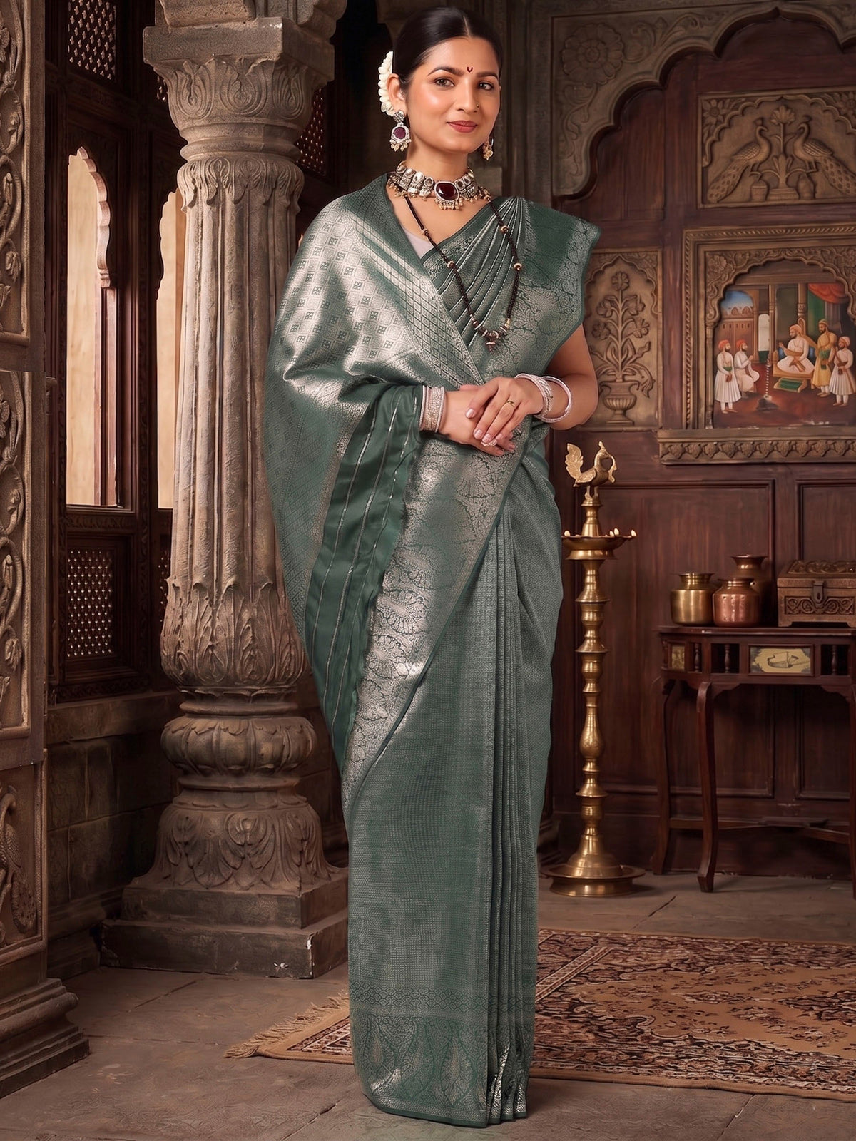 Dark Green Woven Design Kanjivaram Brocade Saree