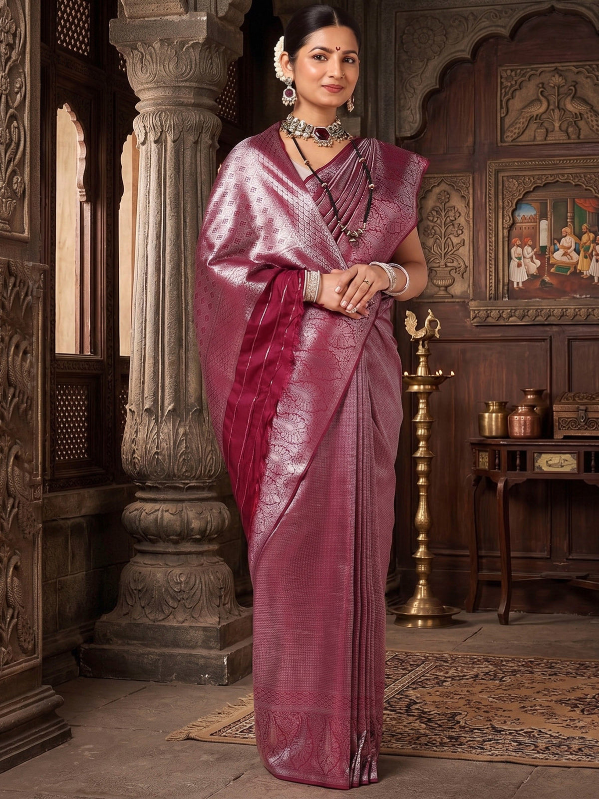 Wine Woven Design Kanjivaram Brocade Saree