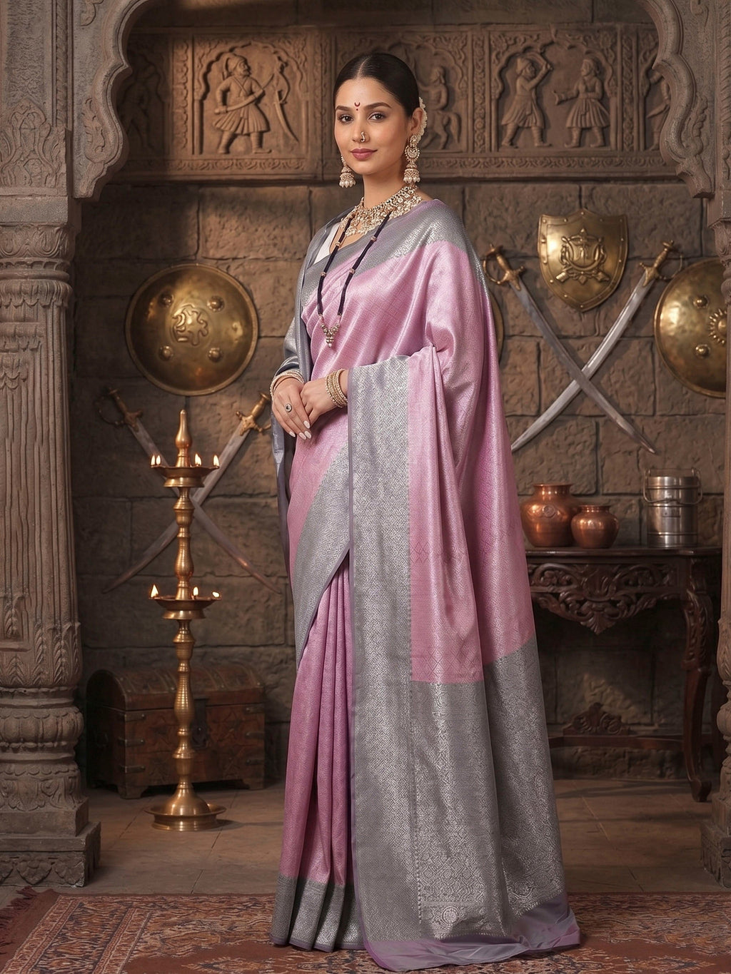Lavender Grey Woven Design Kanjivaram Brocade Contrast Saree