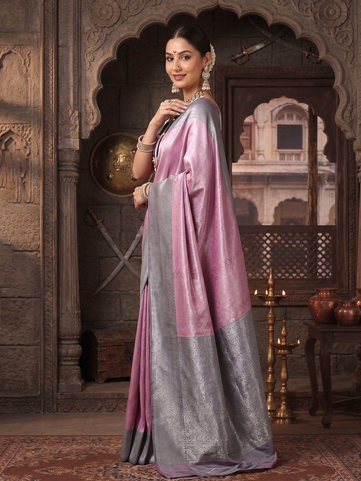 Lavender Grey Woven Design Kanjivaram Brocade Contrast Saree