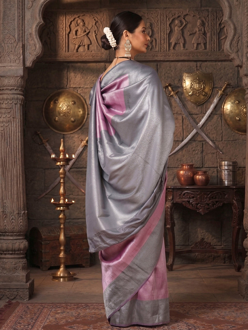 Lavender Grey Woven Design Kanjivaram Brocade Contrast Saree
