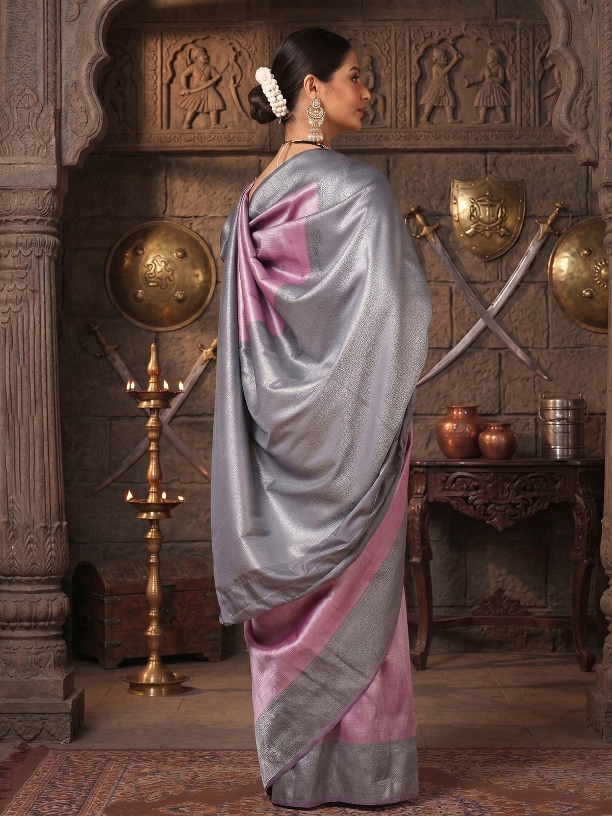 Lavender Grey Woven Design Kanjivaram Brocade Contrast Saree