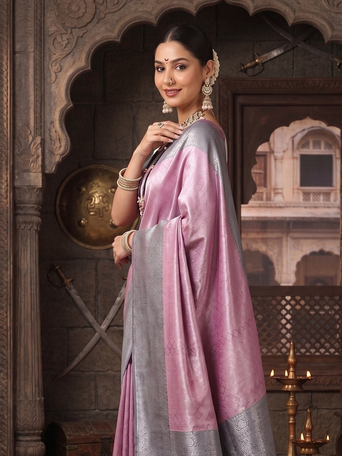 Lavender Grey Woven Design Kanjivaram Brocade Contrast Saree