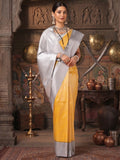 Mustard Grey Woven Design Kanjivaram Brocade Contrast Saree