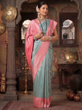 Pista Peach Woven Design Kanjivaram Brocade Contrast Saree
