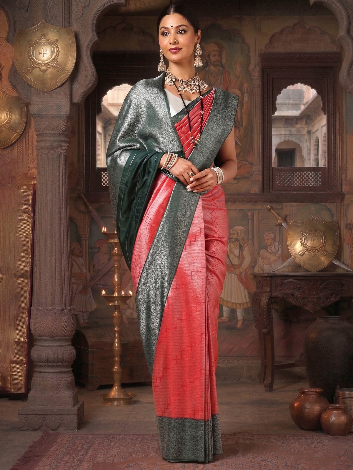 Red Dark Green Woven Design Kanjivaram Brocade Contrast Saree