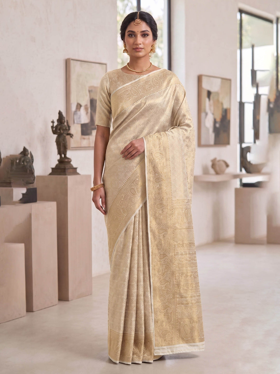 Off White Woven Design Art Silk Kanjivaram Saree