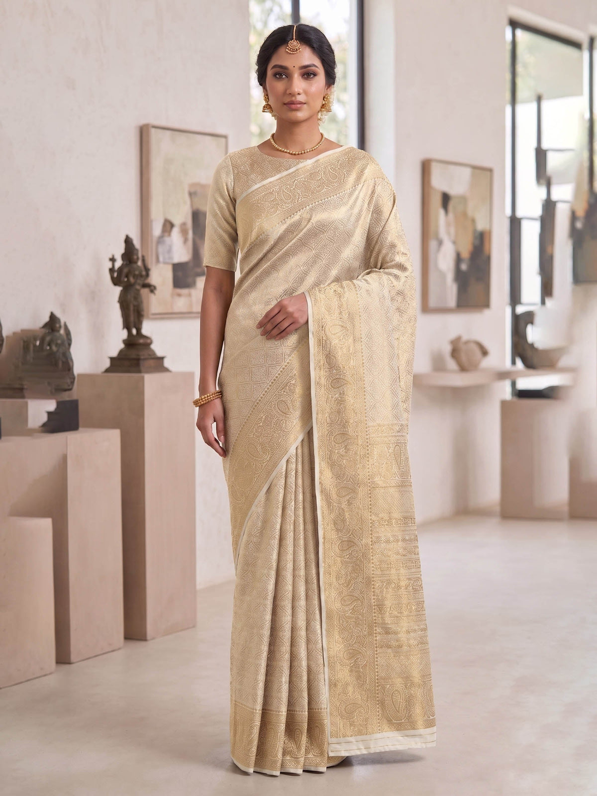 Off White Woven Design Art Silk Kanjivaram Saree