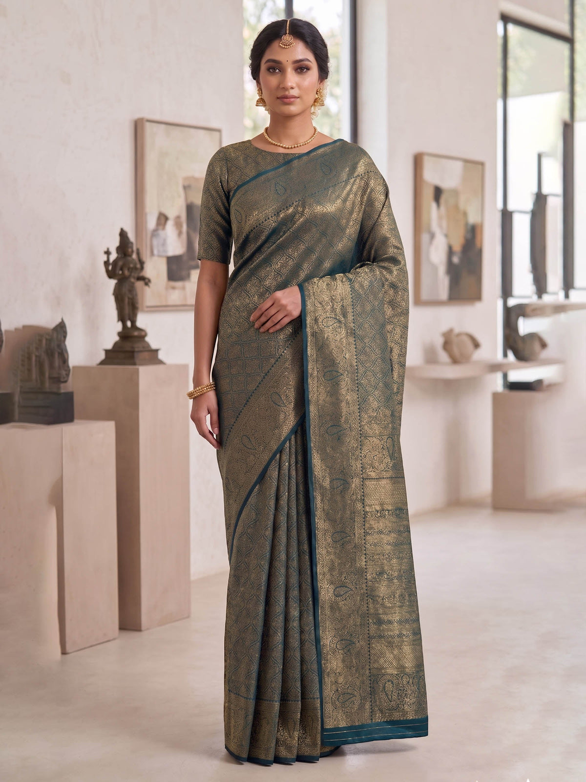 Peacock Blue Woven Design Art Silk Kanjivaram Saree