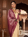 Off White Lavender Woven Design Kanjivaram Brocade Contrast Saree