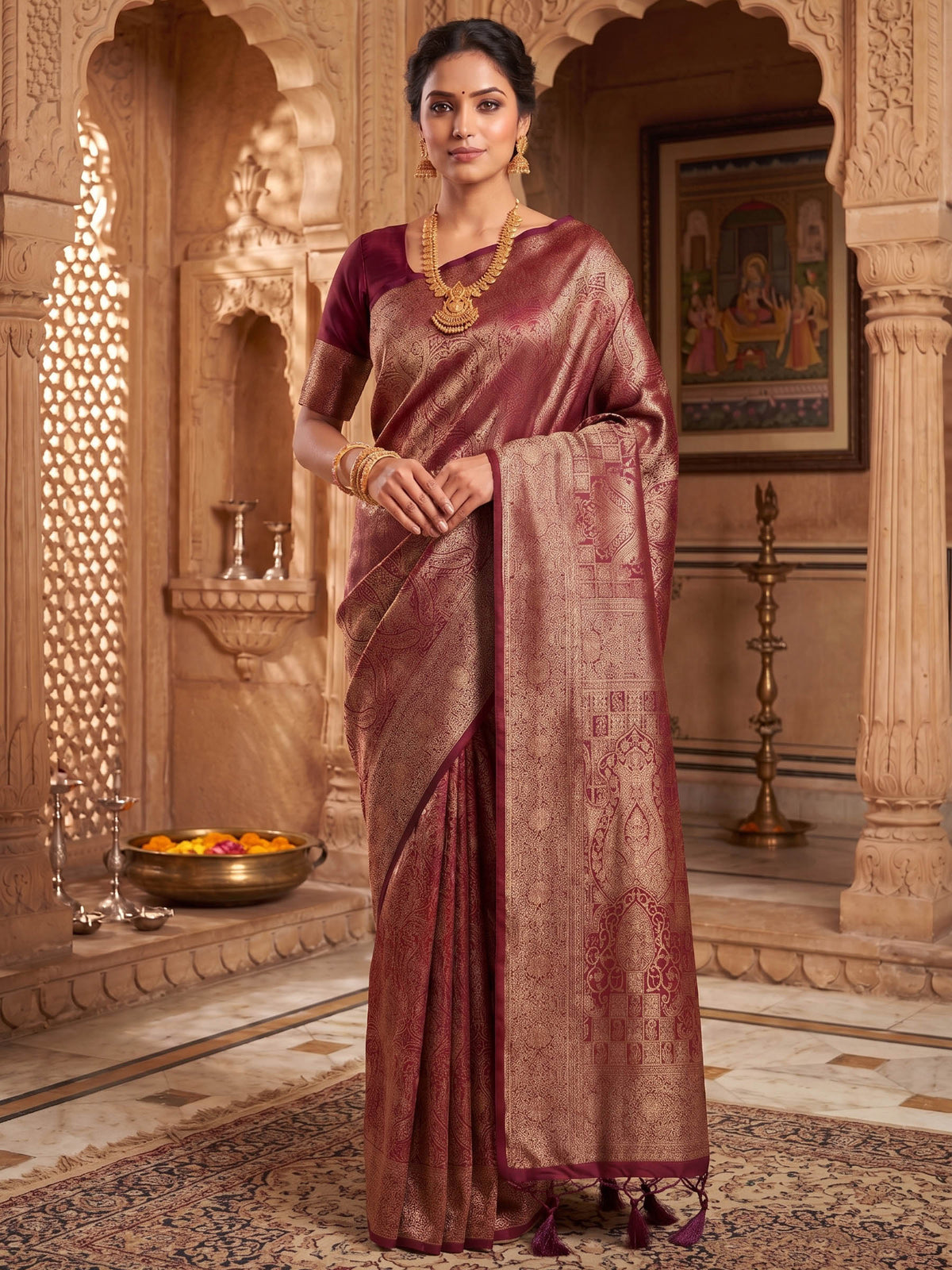 Maroon Woven Design Art Silk Kanjivaram Saree