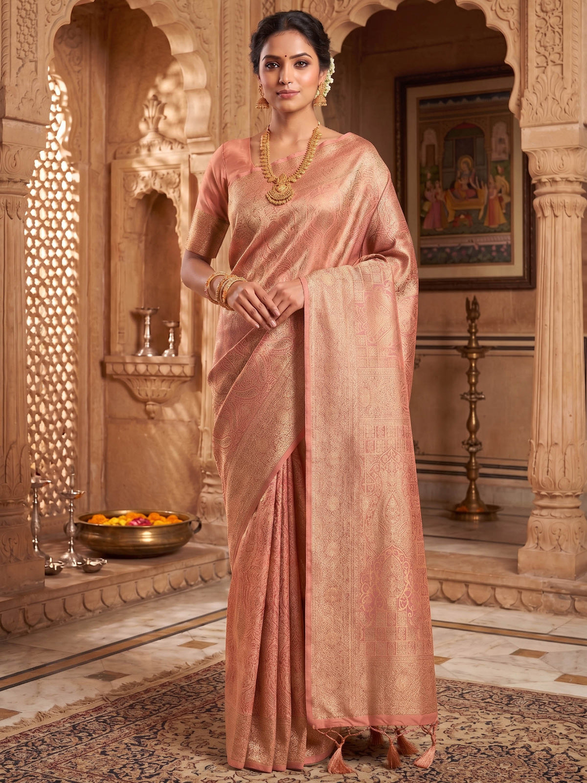 Peach Woven Design Art Silk Kanjivaram Saree
