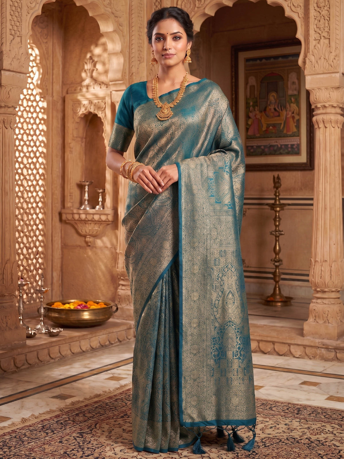 Peacock Blue Woven Design Art Silk Kanjivaram Saree
