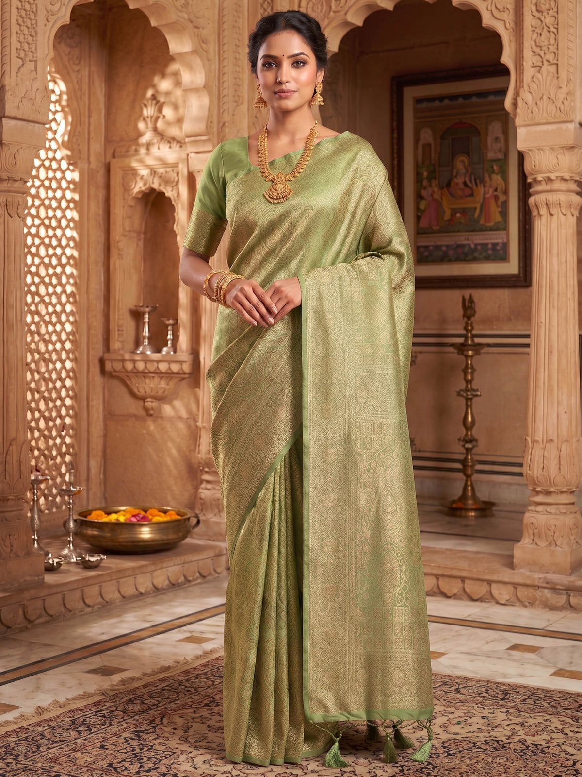 Pista Green Woven Design Art Silk Kanjivaram Saree