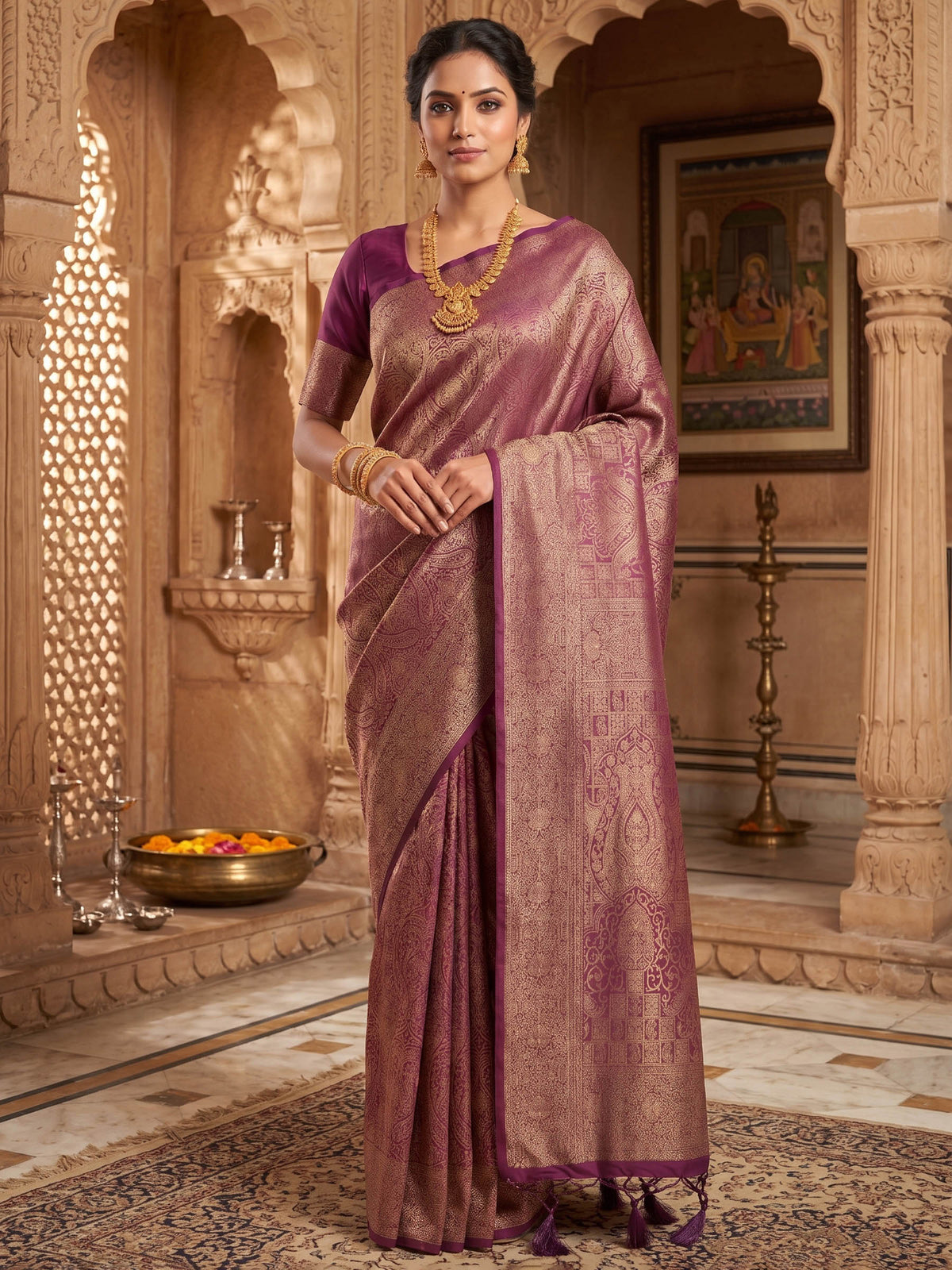 Wine Woven Design Art Silk Kanjivaram Saree