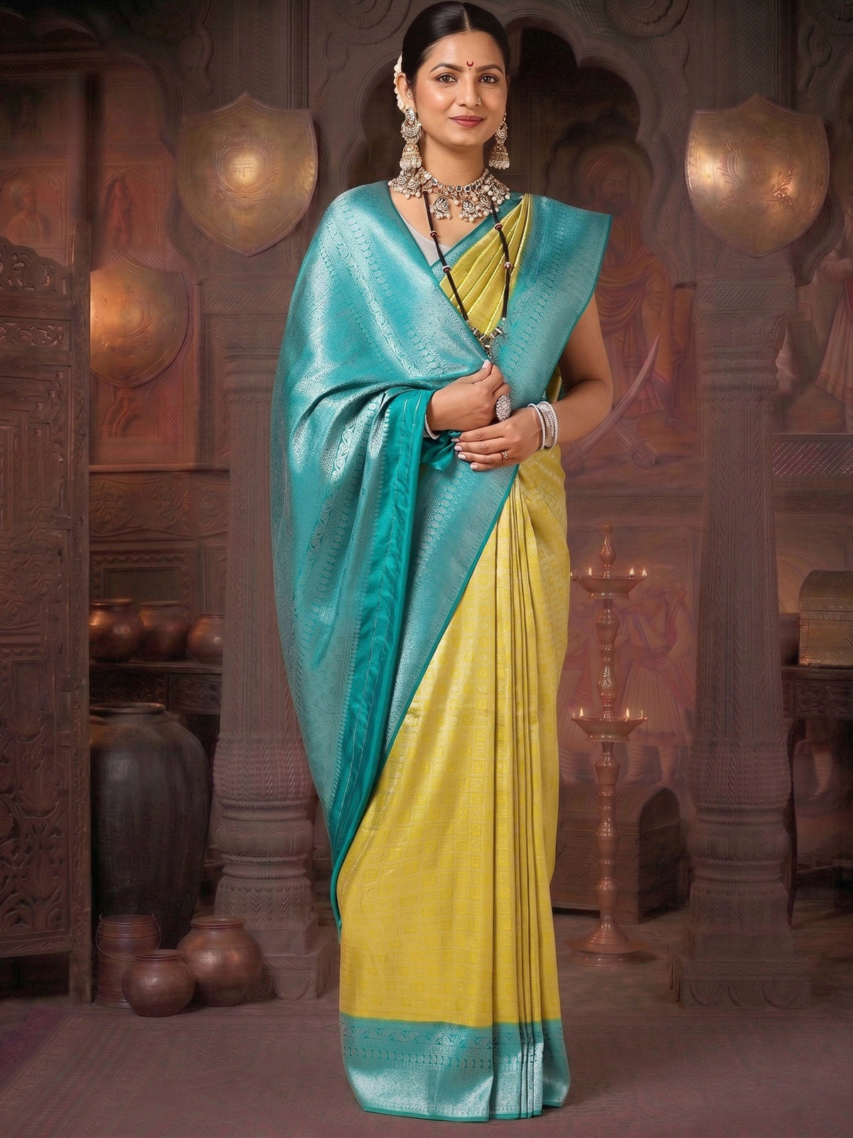 Olive Blue Woven Design Kanjivaram Brocade Contrast Saree