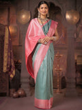 Pista Peach Woven Design Kanjivaram Brocade Contrast Saree