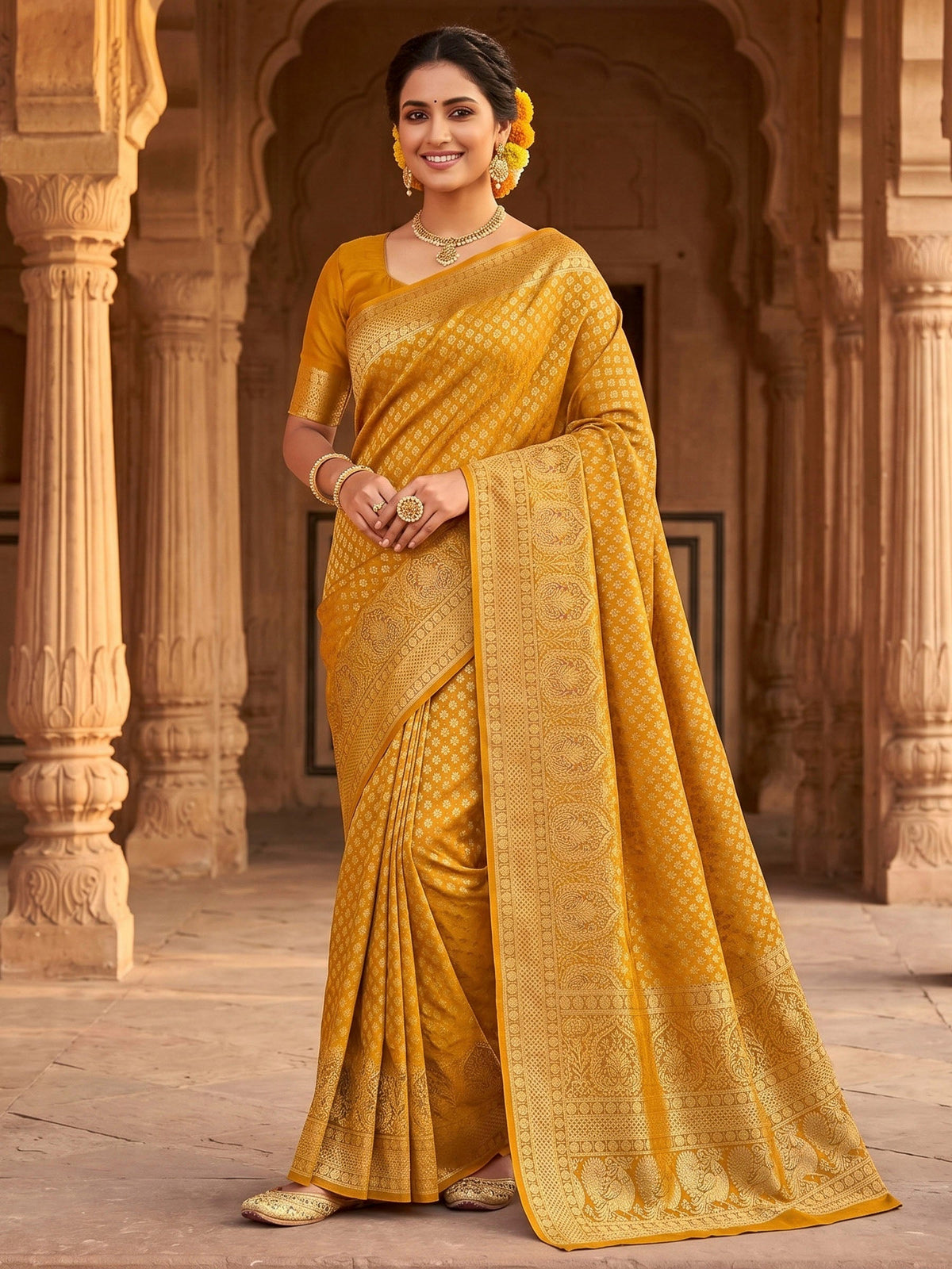 Mustard Woven Design Art Silk Kanjivaram Saree