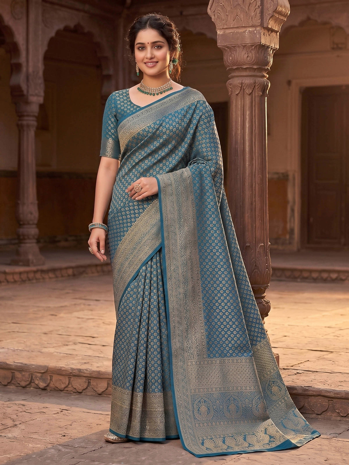 Peacock Blue Woven Design Art Silk Kanjivaram Saree