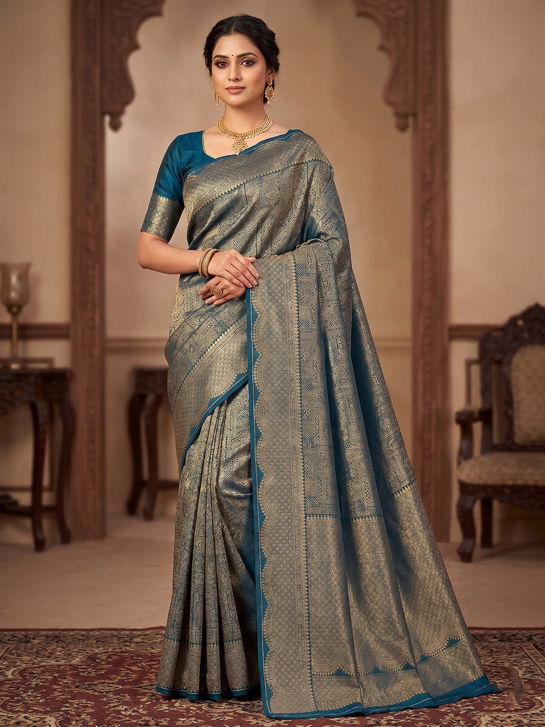 Peacock Blue Woven Design Art Silk Kanjivaram Saree