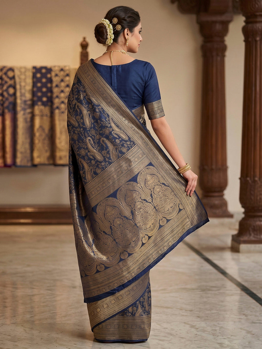 Navy Blue Woven Design Art Silk Kanjivaram Saree