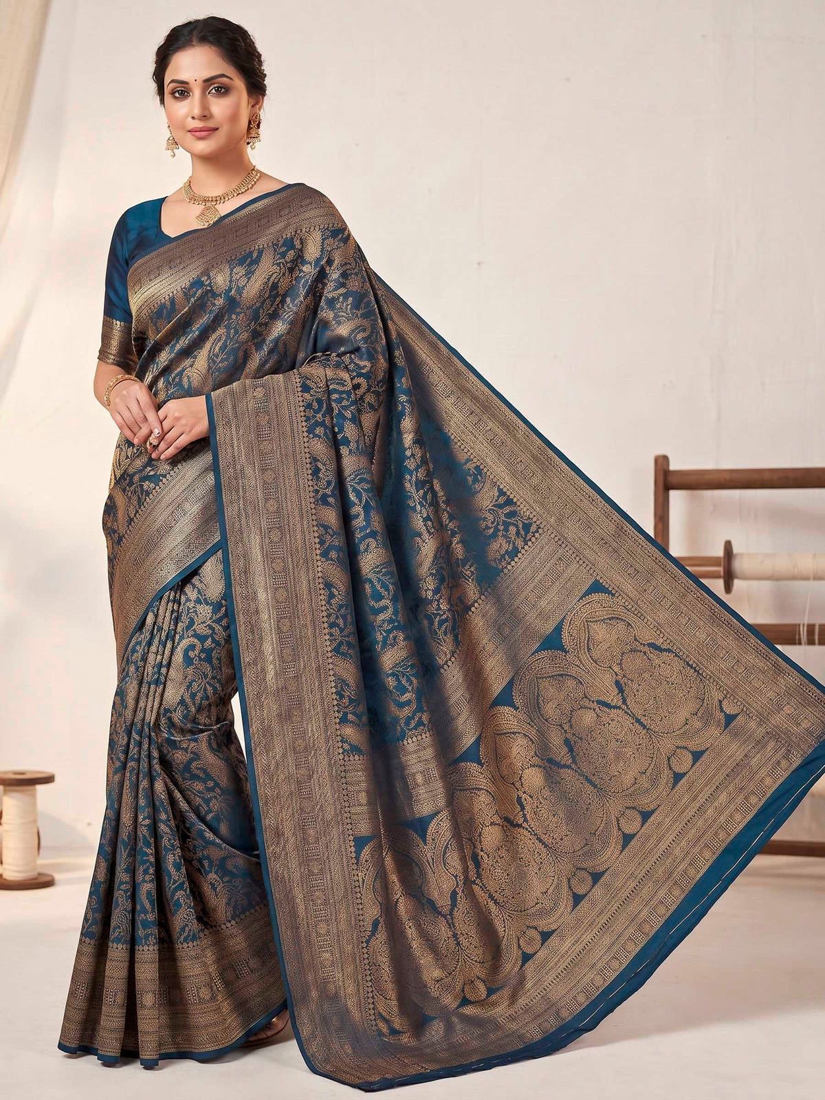 Dark Blue Woven Design Art Silk Kanjivaram Saree