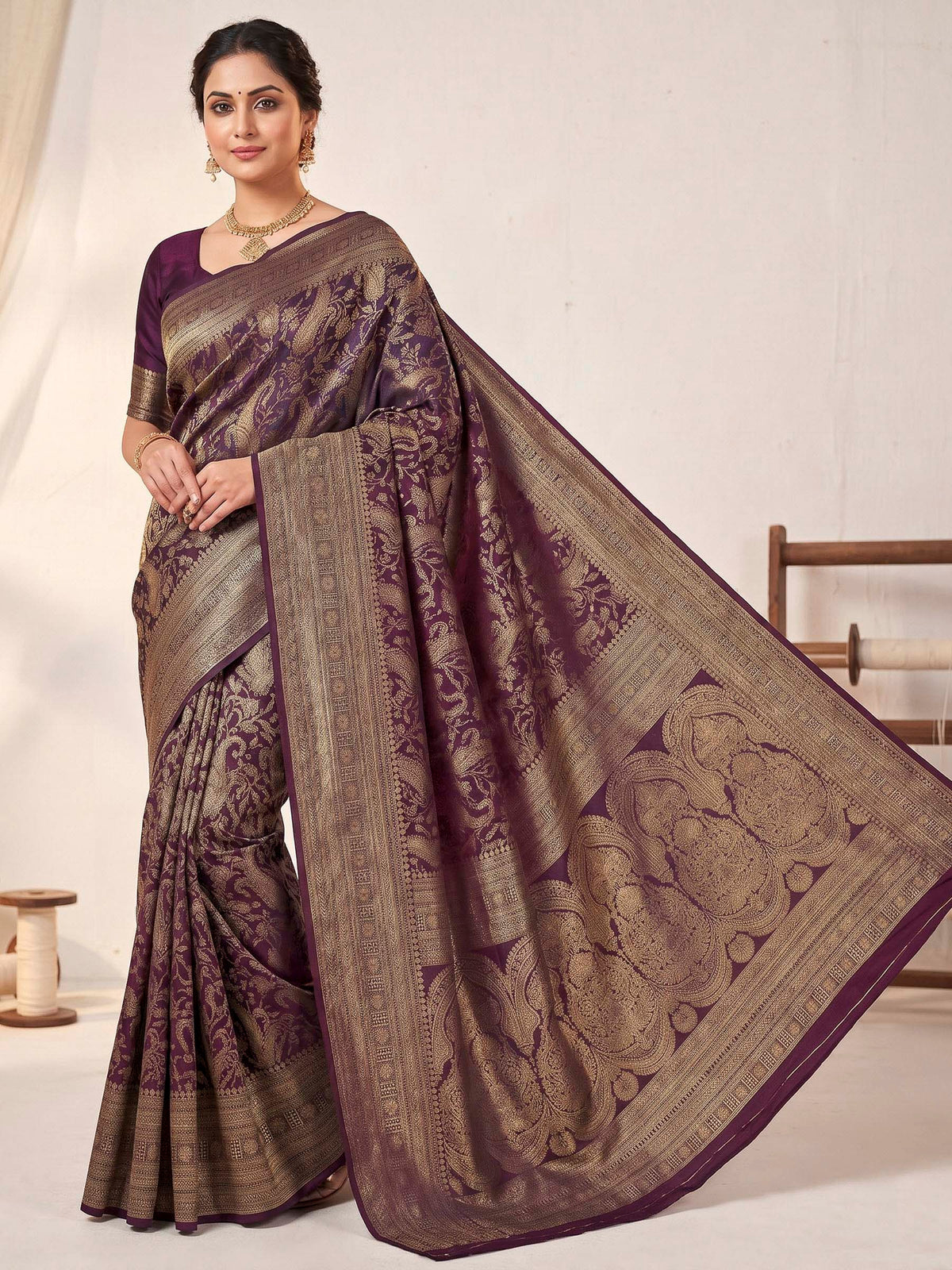 Wine Woven Design Art Silk Kanjivaram Saree