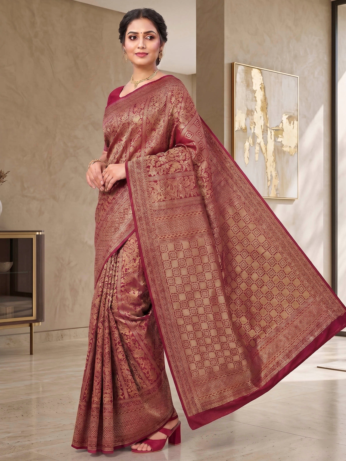 Maroon Woven Design Art Silk Kanjivaram Saree