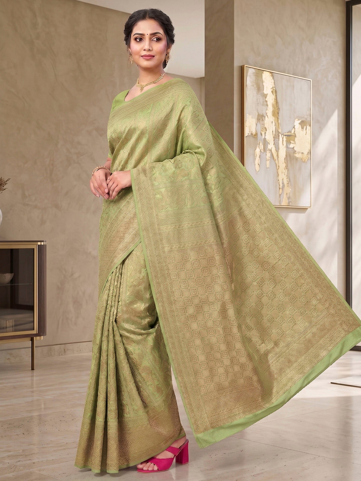 Pista Green Woven Design Art Silk Kanjivaram Saree