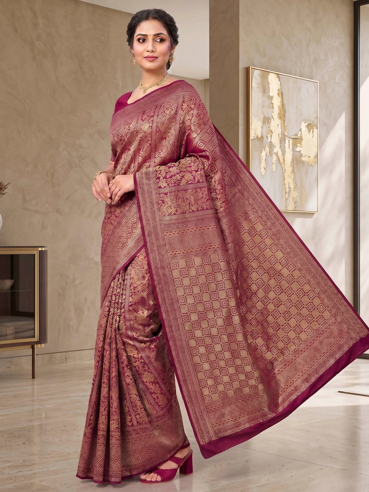 Wine Woven Design Art Silk Kanjivaram Saree